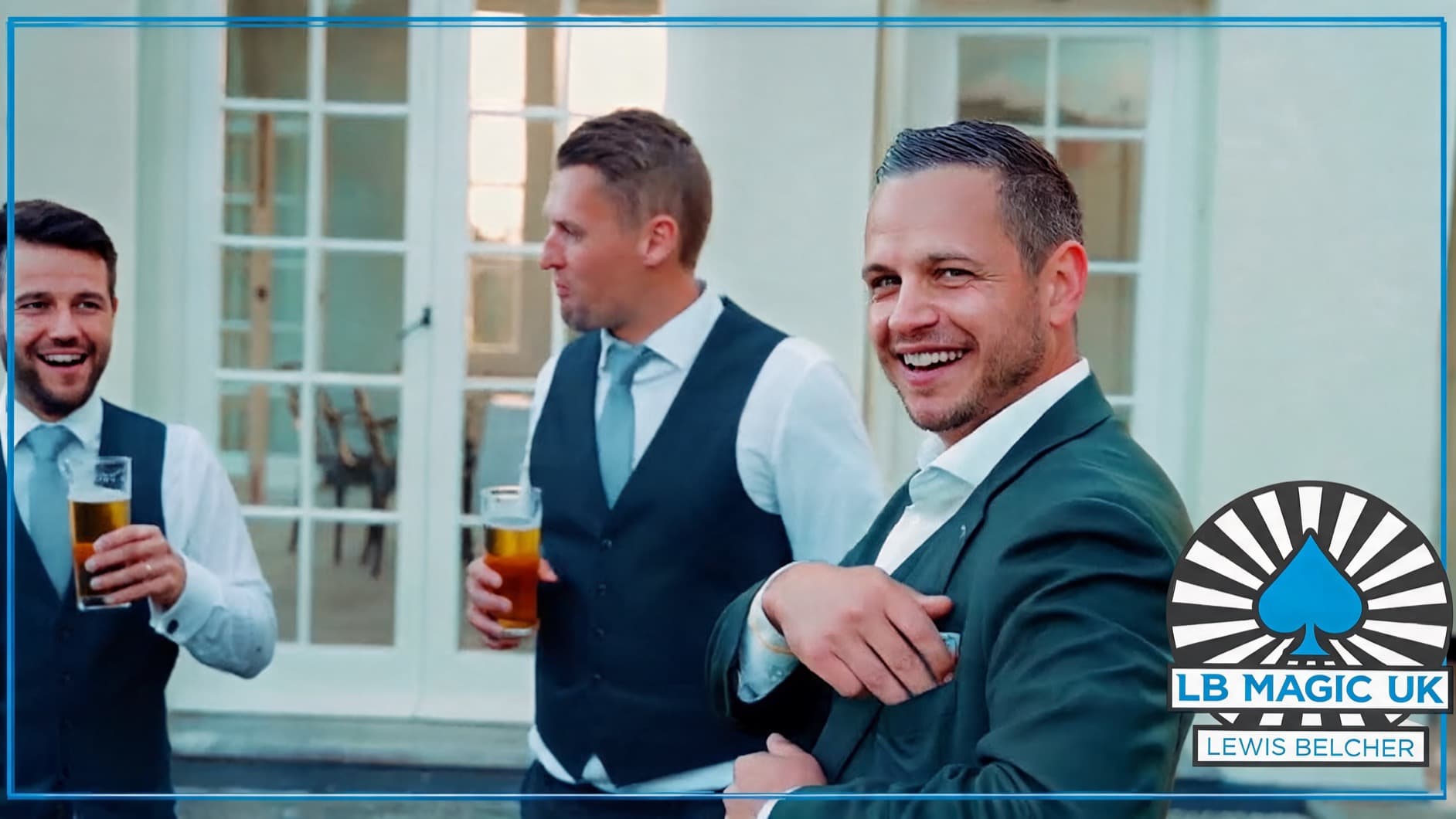 Branded LB Magic UK showreel montage featuring Lewis Belcher smiling with wedding guests.